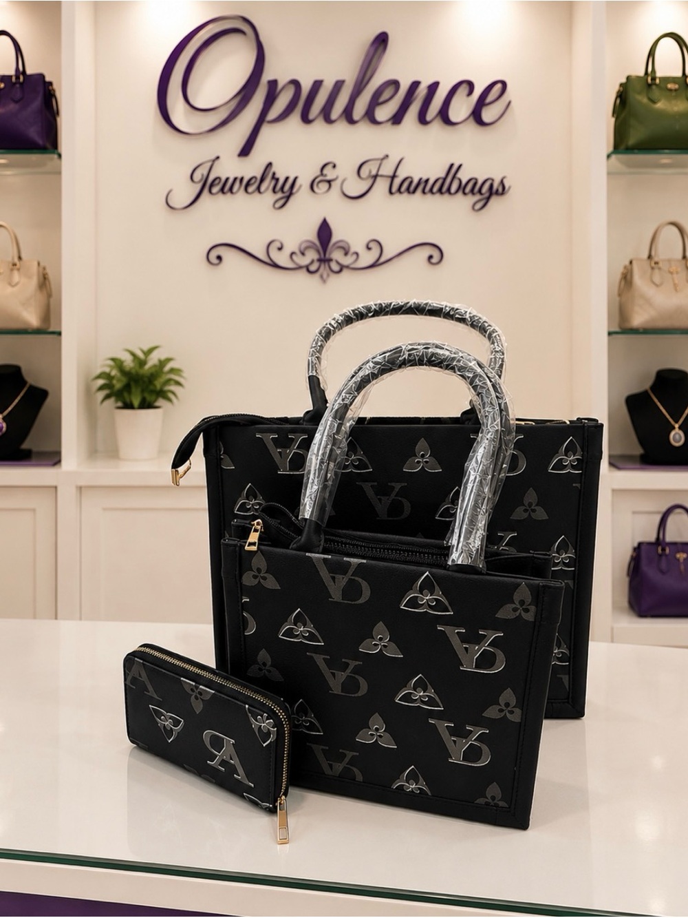 Black Logo Print Tote with Matching Wallet